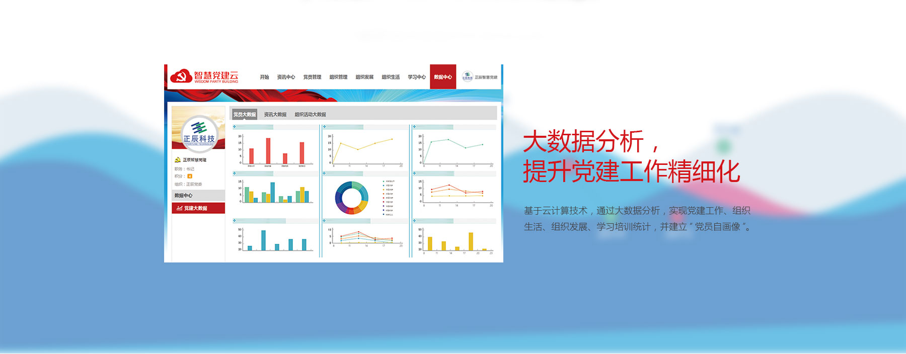 大數據分析，提升剛健工作精細化管理，從黨員、組織、活動、教育、交流互動等多維度進行分析，生成黨員信息統計、組織信息統計、黨員服務統計、黨員學習統計等多種統計報表，結合報表數據指導黨建工作創(chuàng)新發(fā)展；黨員信息統計、組織信息統計、組織生活統計、黨員學習統計、黨員服務統計、黨費情況統計